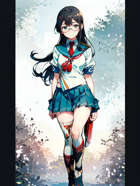 (oyodo kai　kantai collection)、((lustrous thighs))、glasses,pleated skirt、sailor suit、red tie、are standing、((紫のoverknee socks:1.5)...