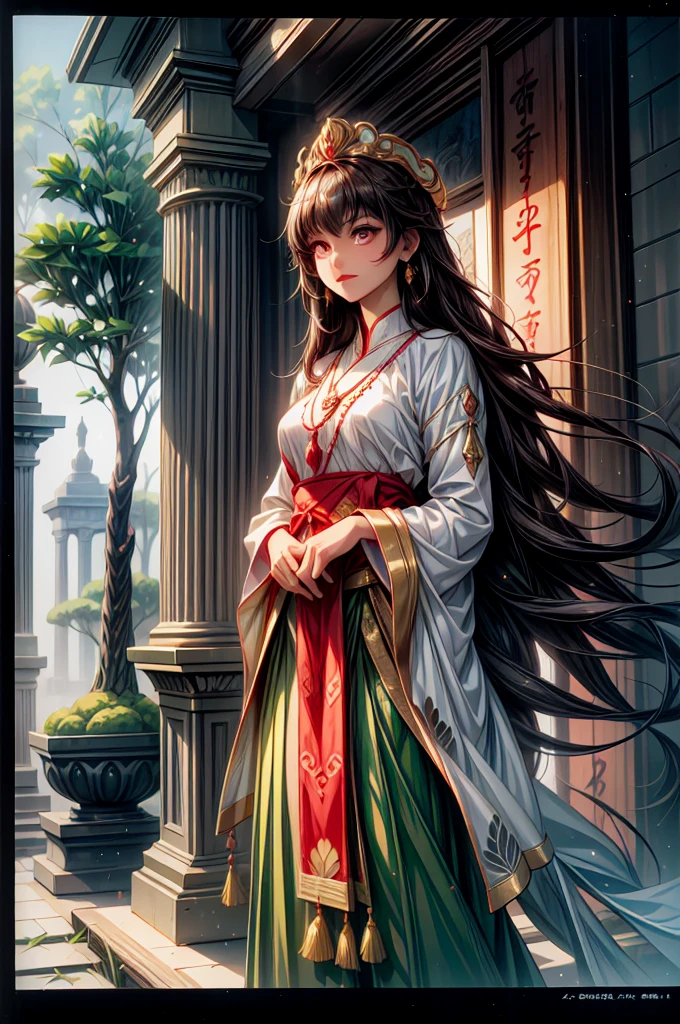 A powerful Hindu Sanatani woman, resplendent in traditional attire, stands majestically amongst the sacred Neem trees, surrounded by sacred religious scripts and ornate temple artifacts, giving off an air of serene resilience within the Anime & Comic Book style.