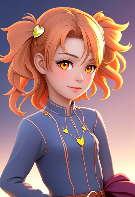 1girl, solo,light orange hair, two short ponytails, heart-shaped hair decoration, amber eyes, detailed eyes, high quality, high-...