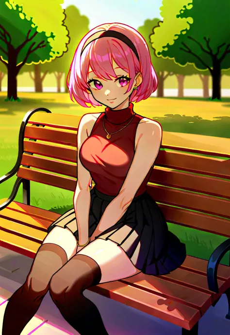 score_9, score_7_up 1girl, solo,  pink hair, pink eyes, black hairband, sleeveless, outdoors, turtleneck, black skirt, pleated s...