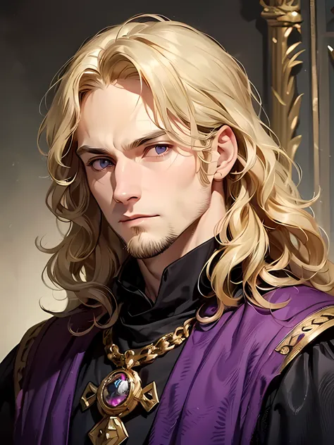 male, late 30s, ((blond, shoulder-length, middle-part wavy hair)), light-purple, deep-set, Sanpaku eyes, slightly thick blond be...