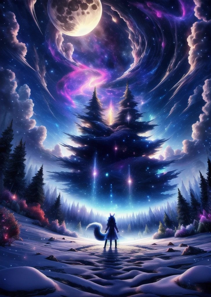 extensive landscape photography (a view from below showing the sky above and an open forest below), woman standing on a paved path looking at the landscape, hairy woman, wolf woman, full fur, magical fur ( particle of light around the wolf woman), full tail, big tail, magic tail, magic hair (long and bushy), heated outfit (made of high quality fur and embroidery), night decor, (full moon: 1.2 ), (shooting stars: 0.9), (nebula: 1.3), (warm light source: 1.2), (Firefly: 1.2), (snowflake: 1.0), (snow on tree) (masterpiece: 1.2), (best quality), 4k, ultra detailed, (dynamic composition: 1.4), highly detailed and colorful details, (iridescent colors: 1.2), (bright lighting, ambient lighting), dreamy, magical, (alone: 1.2)