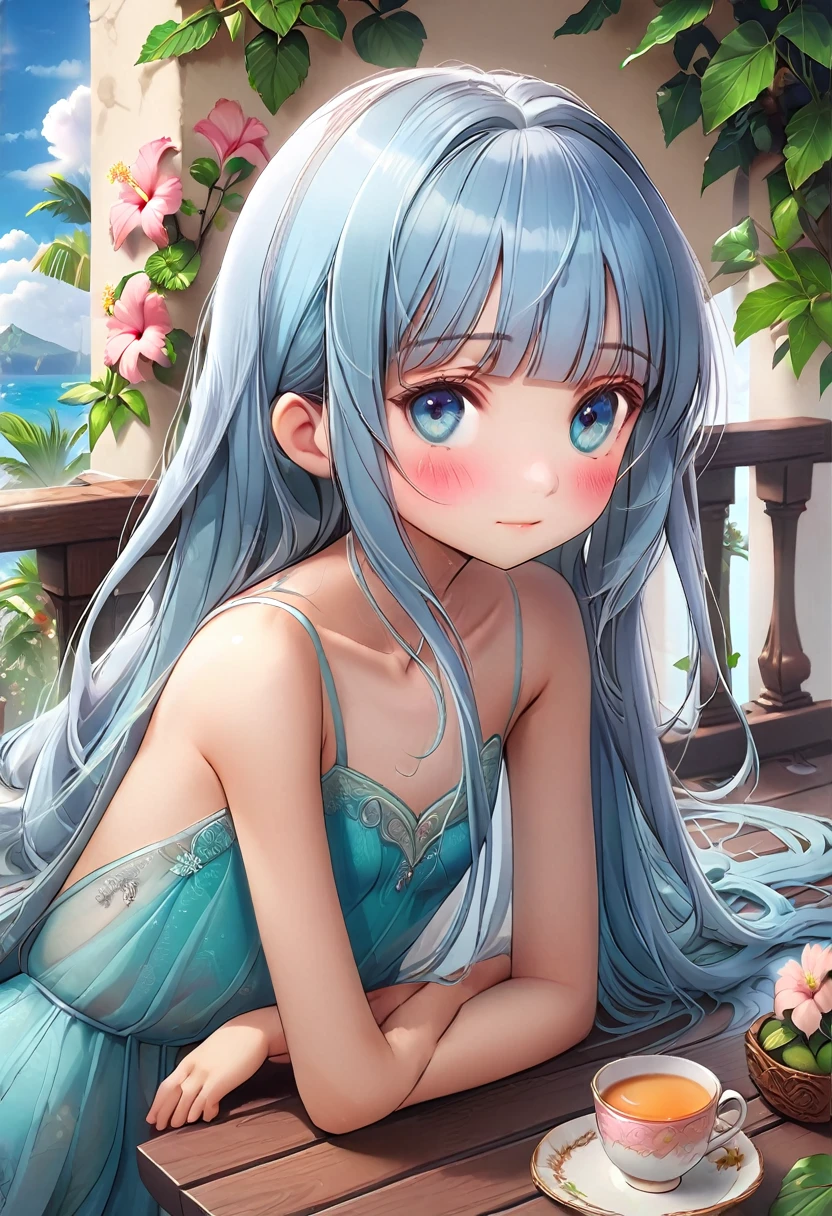 masterpiece, best quality, extremely detailed, (illustration, official art:1.1), 1 girl ,(((( light blue long hair)))), ,light blue hair, , long hair ((blush)) , cute face, masterpiece, best quality,(((((a very delicate and beautiful girl))))),Amazing,beautiful detailed eyes,blunt bangs((((little delicate girl)))),.(true beautiful), sense of depth,, ,(tiny 1girl model:1.2),)(flat chest),Masterpiece, highest quality, high resolution background, bright and beautiful atmosphere,  (hair, surface effects), , cute tropical clothes, tropical style A girl relaxing on a hotel balcony, a stylish drink on a round table, Tropical Drinks on the balcony, hibiscus