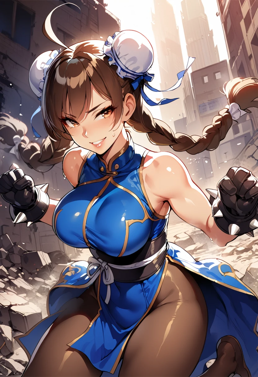 1girl, (solo:1.2), (jumping:1.3), (mid air:1.3), (cowboy shot:1.5), smile, happy, (masterpiece:1.3), (best quality:1.3), (perfect anatomy:1.4), highly detailed, chun li, brown eyes, short hair, brown blonde hair, double bun, bun cover, blue dress, pelvic curtain, spiked bracelet, sash, brown pantyhose, (post fight scenery:1.3), rubble, outside, daylight, nyantcha, expressive faces, anime-inspired, (cell shading:1.2), lips , masterpiece,best quality,extreme detail,8k,cammyfn, 1girl, solo, long hair, breasts, blue eyes, large breasts, gloves, red hat, braid, ahoge, twin braids, leotard, lips, makeup, beret, scar, antenna hair, nose, harness, huge ahoge, green leotard,sleeveless, sweaty,sweat, exhausted,sleeveless,cross eye, full body, merging
