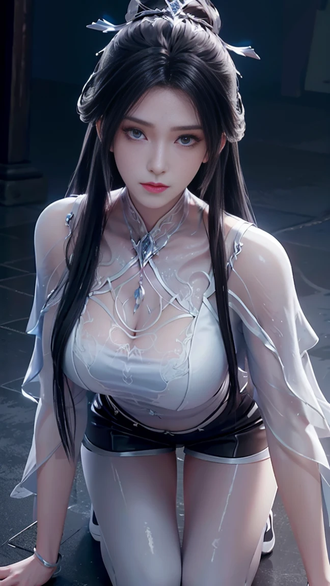 a white hair、Close-up of miss wearing white mask, Beautiful character painting, guweiz, Gurwitz-style artwork, White-haired god, author：Yang Jie, Epic and beautiful character art, Stunning character art, author：Fan Qi, by Wuzhun Shifan, pixiv Art Street Guviz, Single ponytail, insult, High Ponytail, Tall and big, Long legs, (sleeveless lace shirt), (shorts), (Striped )), ((Striped )), Walk, elegant, dignified, miss, Beautiful curves, sweet smile, Strong sense of detail and layering, Rich and colorful color, Has a unique texture, rich and colorful, color, vivid, Design Art, 16K, Super detailed, {{illustration}}, {Extremely refined}, {Exquisite surface treatment}, Super detailed, Delicate and shining eyes, {{Light}}, Ultimate light effect, Model: realism, CFG size: 12, Laura: Bright texture (1.35), high quality, masterpiece, Exquisite facial features, Delicate hair depiction, Detailed depiction of the eyes, masterpiece, best quality, Light line tracing, Extremely detailed CG unified 8k wallpaper, masterpiece, best quality, (1 girl), Perfect Miss Body, (((Skinny white T-shirt))), beautiful eyes, (Delicate face), short black hair, Tie your hair up, Light blue hairpin, Black silk frame glasses, in class, (White skin), (Optimal Lighting), (Super intricate details), 4k unity, (Super detailed CG), Showing off her white legs, , Hot Pants, shorts,Sexy Long Legs, Thin waist, Sweat runs down my waist, Showing belly, Extremely detailed depiction, Pink Hair, Asymmetrical bangs, Transparent clothes, Hands on thighs, Move your eyes away, 8k resolution, Raise an eyebrow, shiny hair, Flower head, Wristbands, bandage，Leather sexy pose, simple grey background, Climbing towards the viewer, Kitten pose, On all fours,