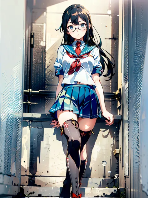 (oyodo kai　kantai collection)、((lustrous thighs))、glasses,pleated skirt、sailor suit、red tie、are standing、((紫のoverknee socks:1.5)...