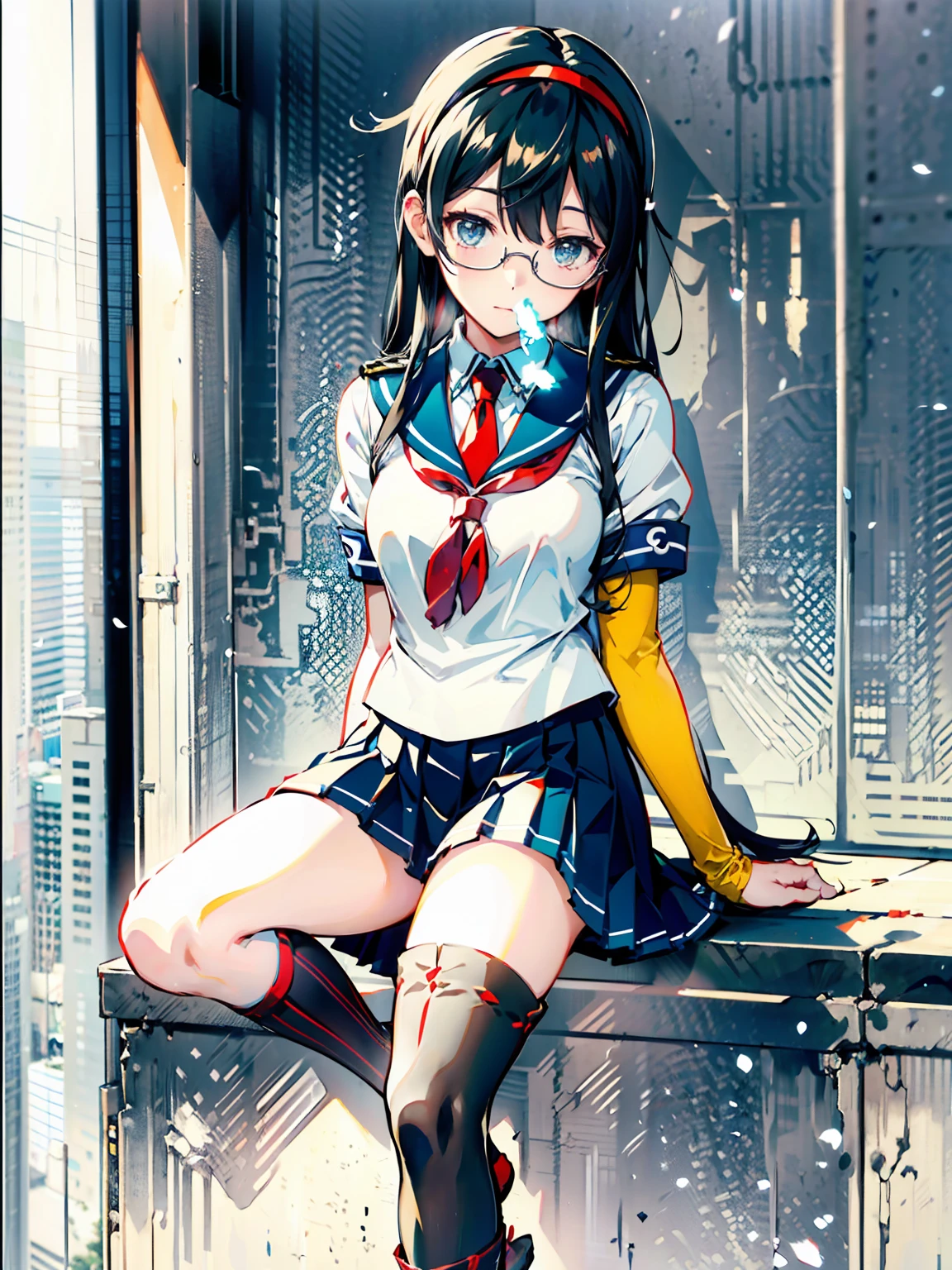 (Oyodo Kai　Kantai Collection)、((Lustrous thighs))、Glasses,Pleated skirt、Sailor suit、Red tie、Are standing、((紫のoverknee socks:1.5))
