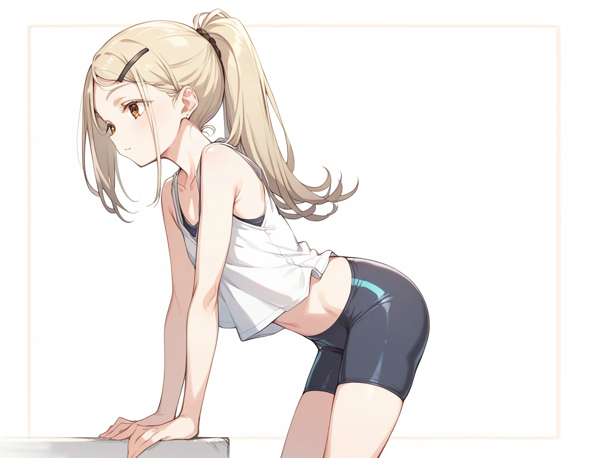 shinosawa hiro,slender,umber eyes,blonde hair,long hair,hairclip,ponytail,flat chest BREAK tanktop,bike shorts,from side,leaning forward