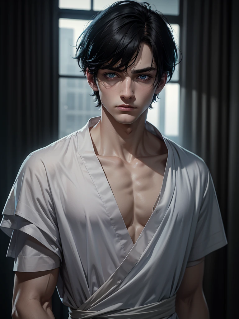 (best quality), 1boy, male, pale skin, black hair, short hair, tousled hair, messy bangs, bangs over eyes, blue eyes, perfect eyes, dark circles under eyes, frown, attractive, hospital gown, black earstuds, skinny body, masterpiece, anatomically correct, highres
