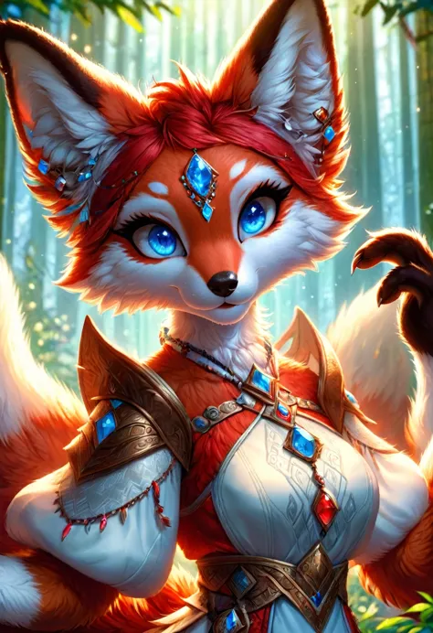 anthropomorphic kitsune-satyr dutchess. red fur. crystal blue eyes. official art – an award-winning digital masterpiece in 4k ul...