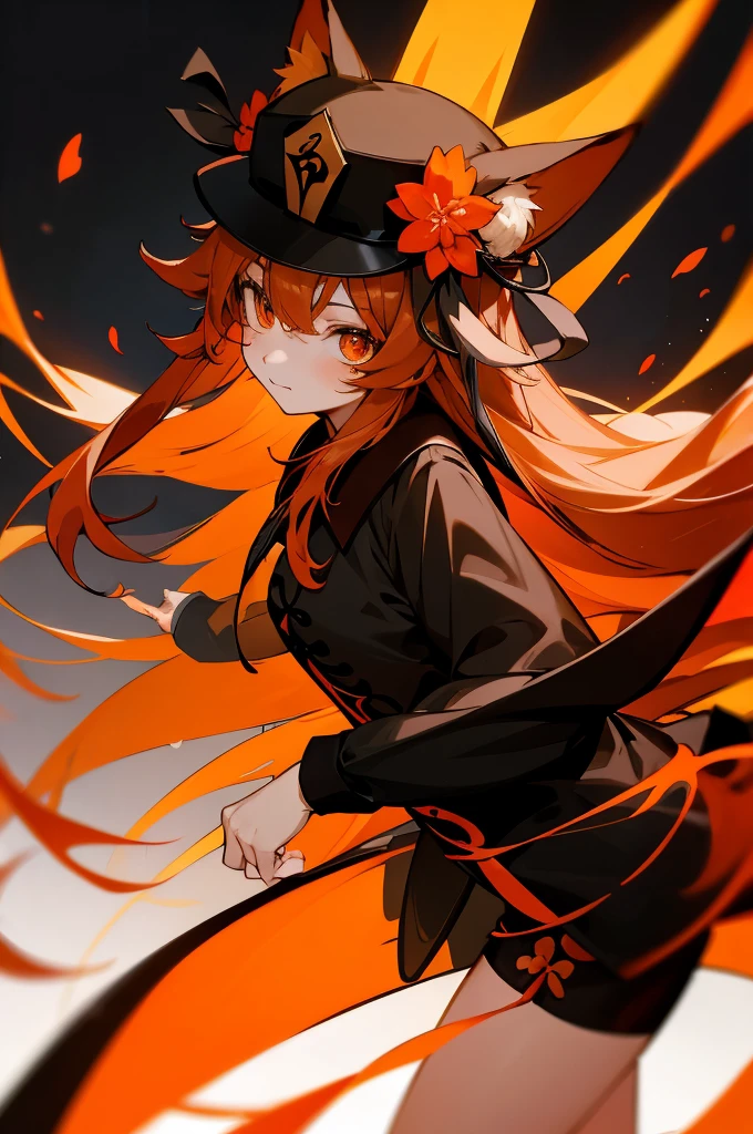 RIMURU tempest,(blue hair, Orange fox ears, Orange fox tail, golden eyes),  hu tao have, orange long hair, black shorts, black clothes, fluffy animal ears, long hair,  golden eyes, flower, have,Black long sleeves, smooth, have flower, 