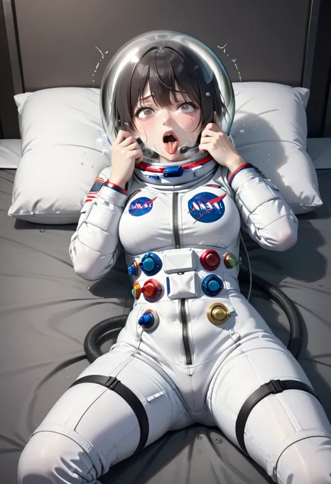 (spacesuit:1.15), white cargo pants, astronaut)bubble helmet, space helmet , , looking at the audience, lying , indoors, in bed,...