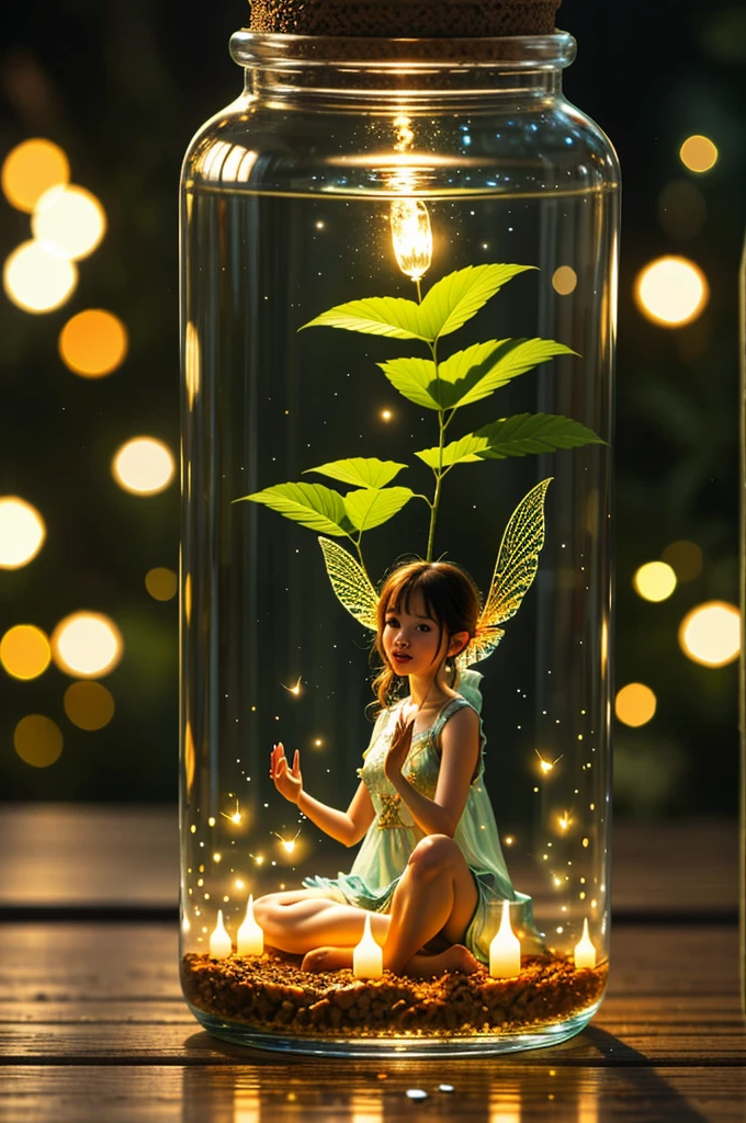 a glass bottle, there is a fairy inside the bottle, INSIDE THE WATER, water bubble, full of fireflies bottle,intricate details, masterpiece, UHD, sharp focus,sitting on floor,yoga pose