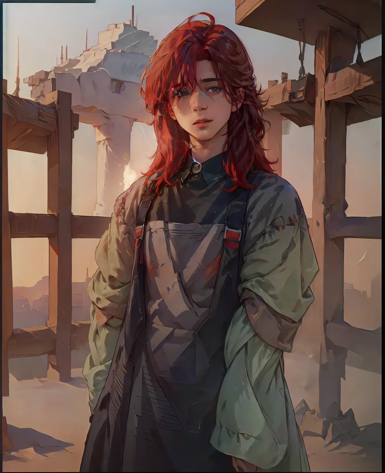 A young man with vibrant red hair and striking red eyes, wearing normal villager clothes, (best quality,4k,8k,highres,masterpiece:1.2),ultra-detailed,(realistic,photorealistic,photo-realistic:1.37),detailed facial features,sharp focus,vivid colors,cinematic lighting,fantasy,concept art