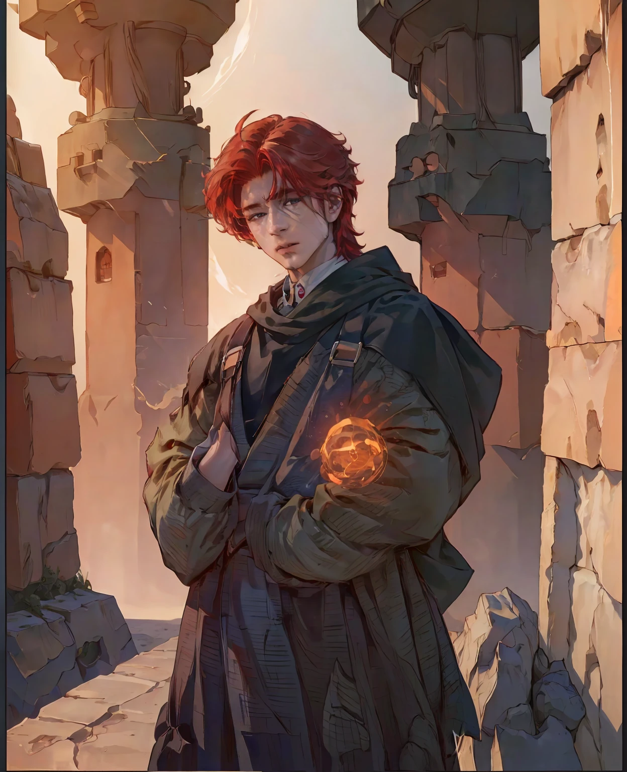 A young man with vibrant red hair and striking red eyes, wearing normal villager clothes, (best quality,4k,8k,highres,masterpiece:1.2),ultra-detailed,(realistic,photorealistic,photo-realistic:1.37),detailed facial features,sharp focus,vivid colors,cinematic lighting,fantasy,concept art