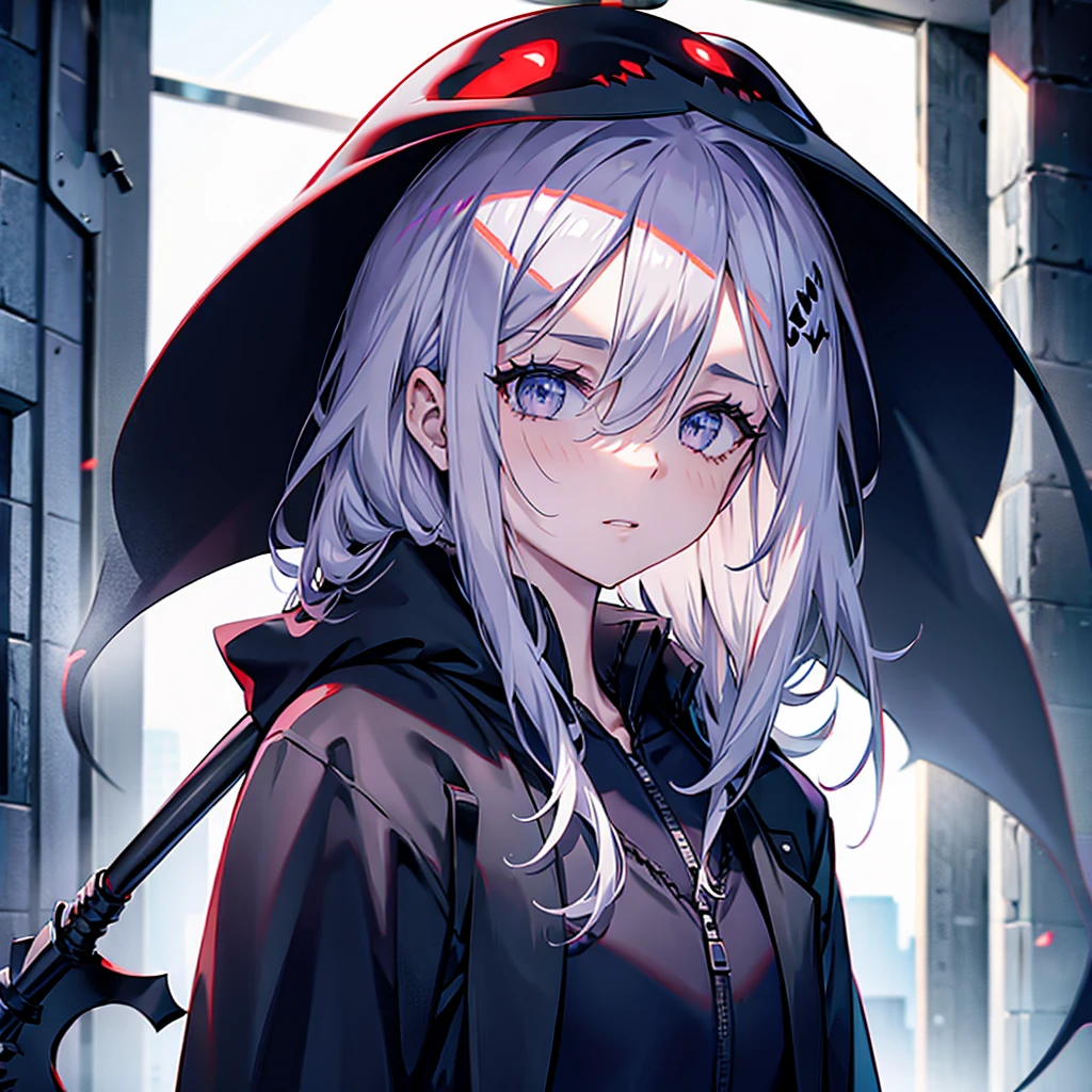 (((Grim Reaper&#39;s Scythe))) (((A girl with short white hair and blue eyes)))，((Full moon at night, my big wings))，(Hoodie, black camisole, purple light)， Nervous expression Shiny background Shiny edges,The cruel world of Grimm&#39;s fairy tales、