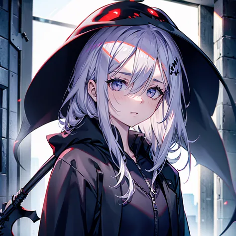 (((grim reaper&#39;s scythe))) (((a girl with short white hair and blue eyes)))，((full moon at night, my big wings))，(hoodie, bl...