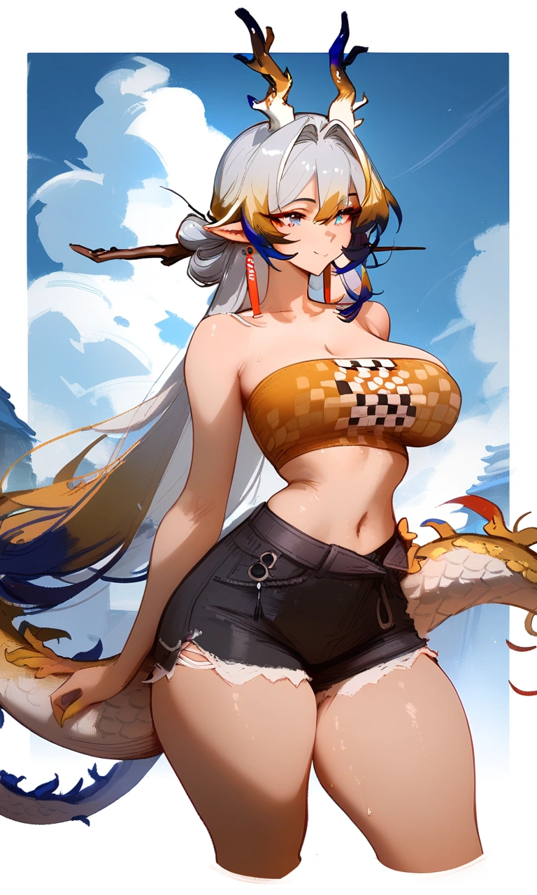 1girl, shu \(arknights\), arknights \\\\\ masterpiece, best quality, very aesthetic, absurdres, newest, newest, horns, ///// , , by khyle, cutesexyrobutts, nyantcha \\\\\ narrow waist, highres, absurdes.,,,big breasts, dragon_girl, cropped legs, sky, clouds, dragon tail, light blue eyes, smile, tube top, shorts, outside border, red pupils, bare neck