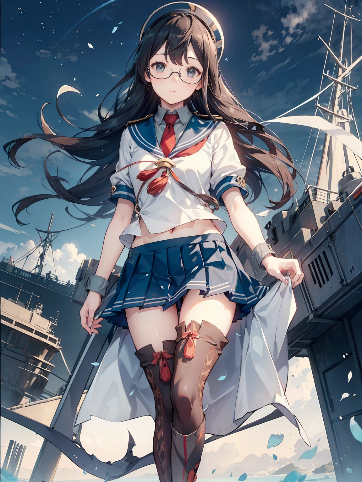 (Oyodo Kai　Kantai Collection)、((Lustrous thighs))、Glasses,Pleated skirt、Sailor suit、Red tie、Are standing、((紫のoverknee socks:1.5))
