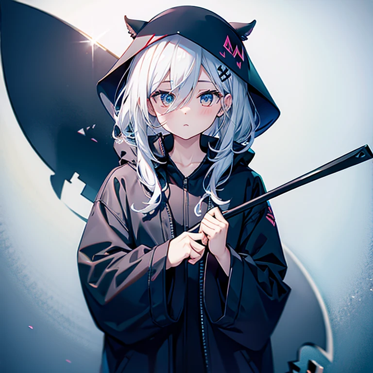 (((Grim Reaper&#39;s Scythe))) (((A girl with short white hair and blue eyes)))，((Full moon at night, my big wings))，(Hoodie, black camisole, purple light)， Nervous expression Shiny background Shiny edges,The cruel world of Grimm&#39;s fairy tales、witch、巨大なGrim Reaper&#39;s Scythe最高の構図に配置する、Dynamic composition、Super detailed、