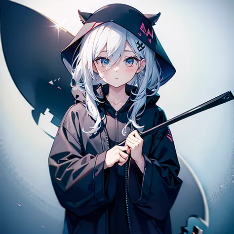 (((grim reaper&#39;s scythe))) (((a girl with short white hair and blue eyes)))，((full moon at night, my big wings))，(hoodie, bl...