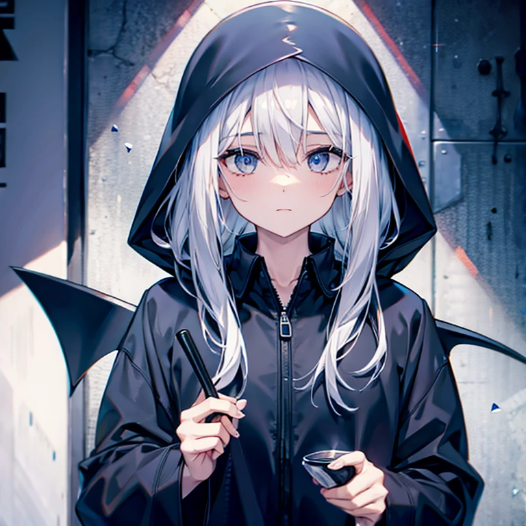 (((Grim Reaper&#39;s Scythe))) (((A girl with short white hair and blue eyes)))，((Full moon at night, my big wings))，(Hoodie, black camisole, purple light)， Nervous expression Shiny background Shiny edges,The cruel world of Grimm&#39;s fairy tales、witch、巨大なGrim Reaper&#39;s Scythe最高の構図に配置する、Dynamic composition、Super detailed、