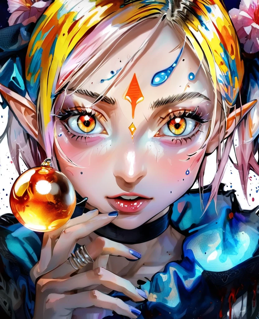 anime 4D vivid color elf vampire and fun power magical, rough sexy android 18 + Sakura fashion grunge fashion top view (holding esferas do dragão dbz in hands) dystopian ugh shading Surréalisme watercolor painting style stylize 1000 line art watercolor wash, by inacofairy,rugged, dirty, big eyes, reflective orange blue eyes perfects eyes, Gritty Realism dirt dark glowing eyes, anime style, intricate detailed, bright colors fantasy concept art digital art intricate oil on canvas