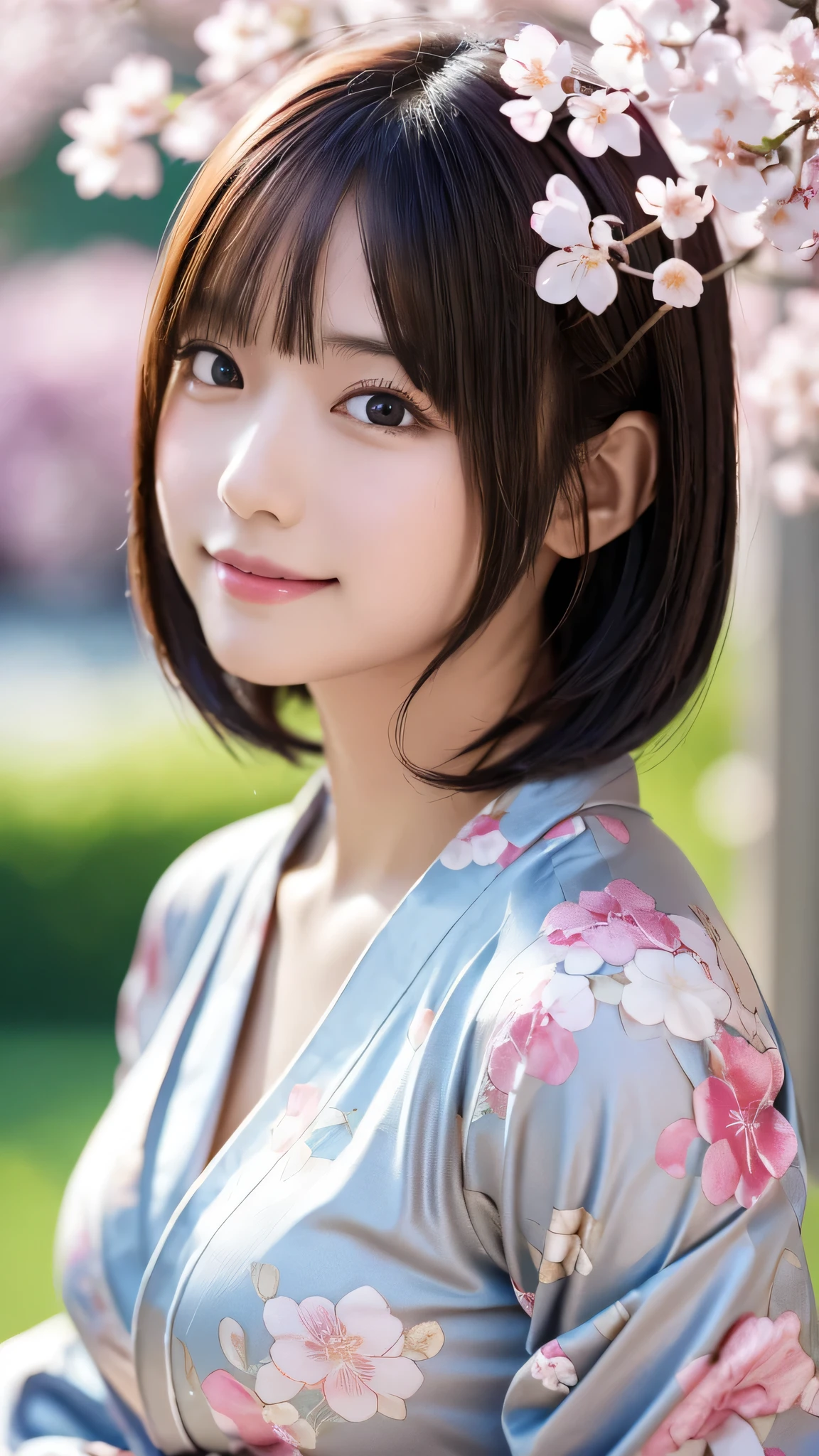 ((masterpiece, Highest quality, High resolution)), 1 Japanese girl, (Realistic: 1.4), Blushed cheeks、Embarrassing、A shy smile、Great face,Glossy lips、15 years old, Silver Hair、Silver Hair、short hair, Silver Hair、(Beautiful Hair:1.5), Floral Yukata、Long sleeve、Flower kanzashi、Large Breasts、Alluring cleavage、No underwear、Japanese garden、cherry blossoms、Staring、Angle from the front, Smooth, Highly detailed CG composite 8K background, High resolution RAW color photos, Professional photography, Light, BackLight, impressive, Written boundary depth, (Face close-up:1.2)