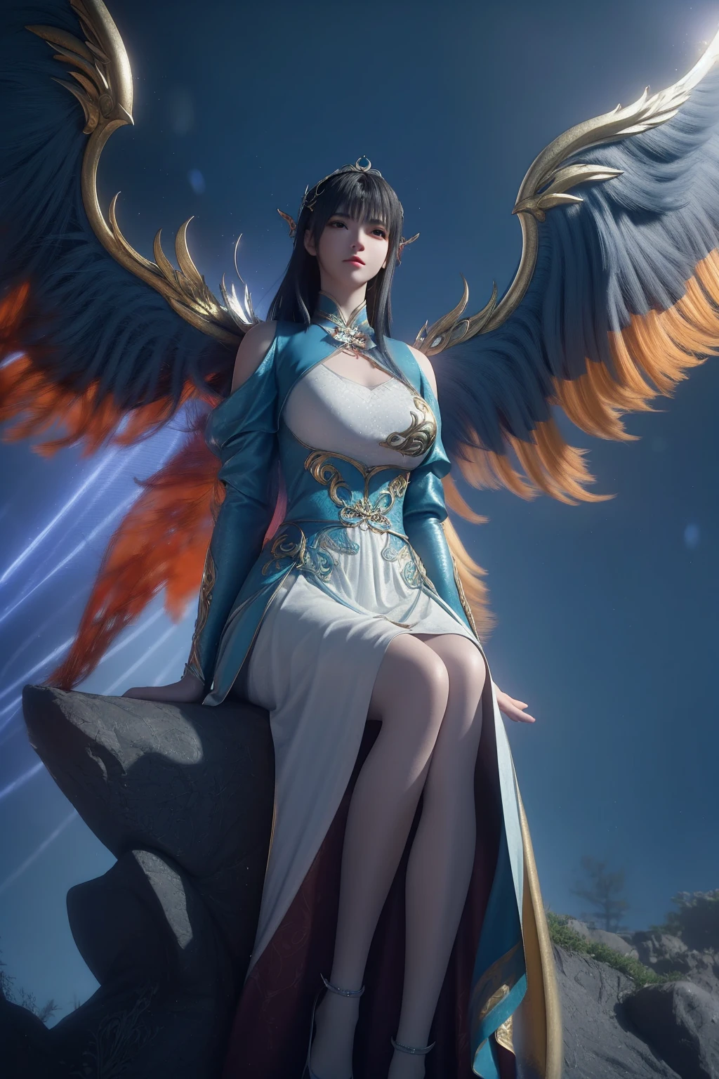 Close-up：A woman sits on a rock.，author：Yang J, Majestic Angel, IG model | Artistic Germ, Young fair angel, Fan Art Best Artstation, 2. 5D CGI anime fantasy artwork, Fantasy art style, ruan jia and Artistic Germ, digital fantasy art ), Full body fairy