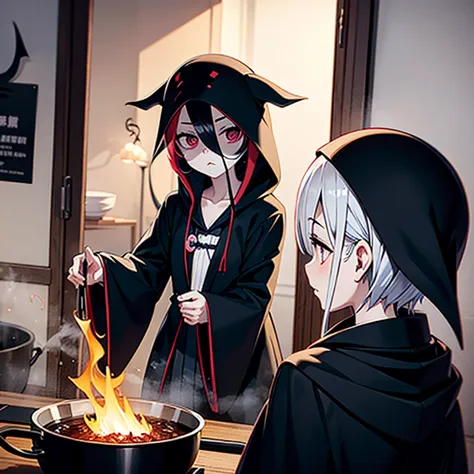 1girl,witch、witchの大ガマ、something is being cooked、(((grim reaper&#39;s scythe))) (((a girl with short white hair and blue eyes)))，...