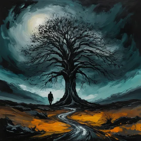 a legend walking towards a lone tree in a wild, acrylic painting, calm, majestic, desperate, unstoppable, digital painting, expr...