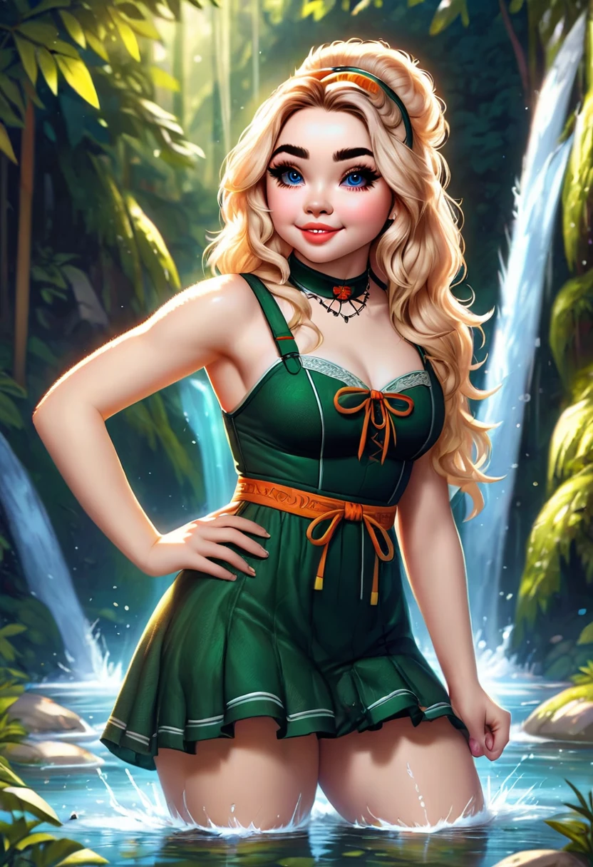 Thirst trap beautiful women that looks like Sabrina Carpenter. green sun dress, clean girl aesthetic. Her hair iblonde super strait and sleek, White hairband. official art is an award-winning digital masterpiece in 4K Ultra HD, featuring extreme detail and intricate realism. It combines the artistry of Wlop and Artgerm in a stunning 2D vector illustration. The background is a tranquil waterfall. bright colorful.
