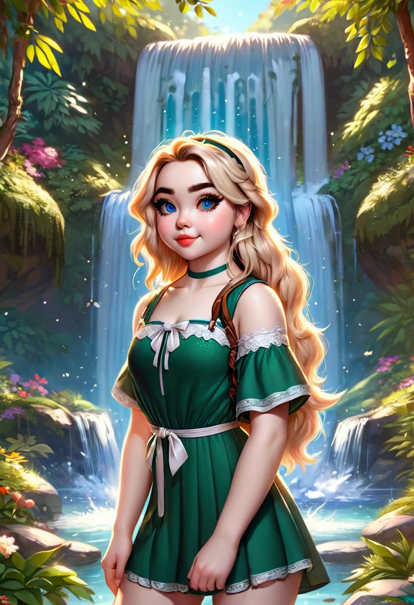 Piège à soif pour les belles femmes qui ressemblent à Sabrina Carpenter. robe soleil verte, esthétique fille propre. Ses cheveux sont blonds, super raides et lisses, bandeau blanc. l&#39;art officiel est un chef-d&#39;œuvre numérique primé en 4K Ultra HD, présentant des détails extrêmes et un réalisme complexe. Il combine le talent artistique de Wlop et Artgerm dans une superbe illustration vectorielle 2D.. L&#39;arrière-plan est une cascade tranquille. lumineux et coloré.
