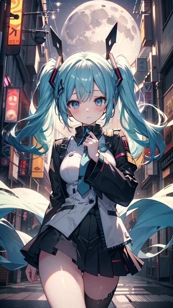 top-quality,in 8K,masterpiece,highly detailed,Impressionism,Photorealsitic,deep-shadows,blurry backround,Official art,ultra-detailliert,realisitic,Cinematic lighting, film grains,perfect anatomy,anatomically correct,depth of fields,elaborate design,solo,very sexy girl,Hatsune Miku,beautiful detailed droopy eyes,shy,blushing,slender body,tits,super detailed shiny skin,super detailed cute uniform,Half-naked girl,detailed skirt,in futuristic big city,buildings,midnight city,moon light