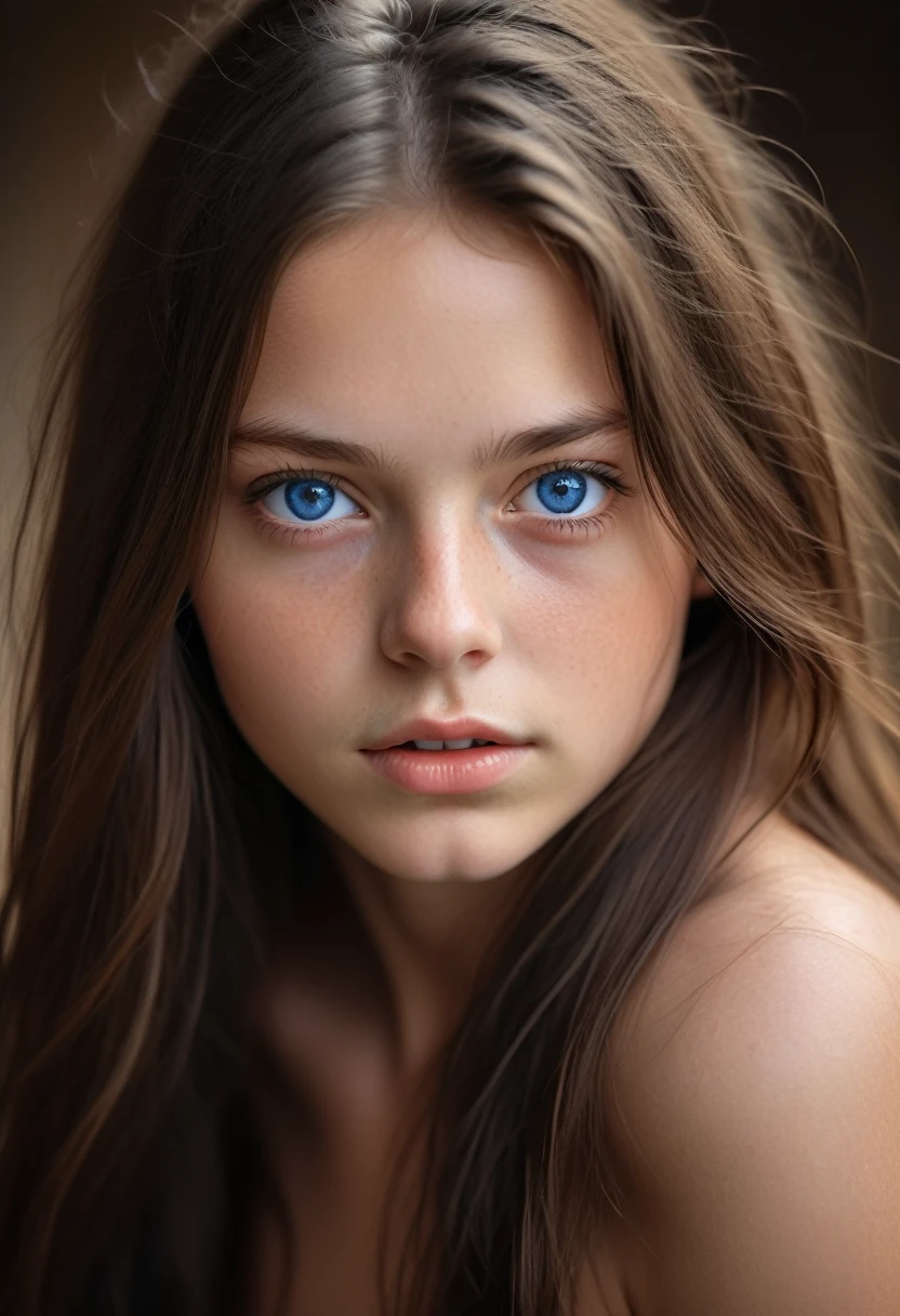  chica de 18 años, desnudo, (supermodel face), cabello castaño largo, ojos azul oscuro, mejor calidad, enfoque facial, luz tenue, (profundidad de campo) , ultra alta resolución, (Fotorrealista:1.4), foto cruda, grano de la película, Fotografía premiada, 50mm,  posición de la vaquera, 