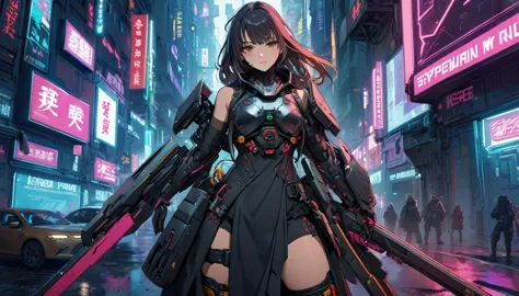 a girl wearing a dress, intricate cyberpunk armor, cyberpunk samurai, dystopian sci-fi equipment, cyberpunk armor, cyberpunk cos...