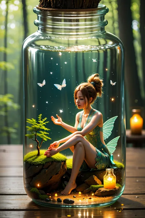 a glass bottle, there is a fairy inside the bottle,sexy fairy,taunt you, inside the water, water bubble, full of fireflies bottl...