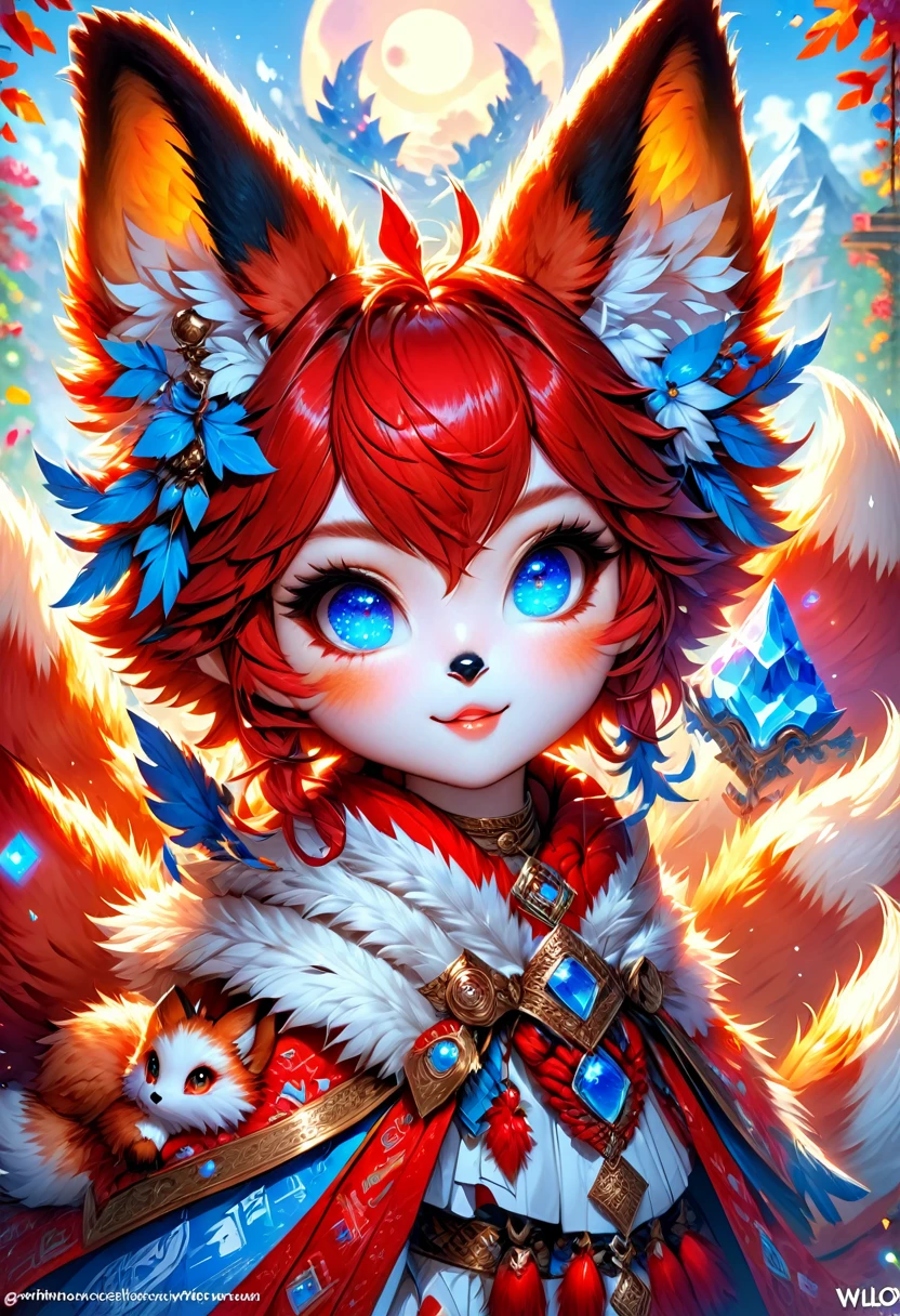 Duchesse kitsune-satyre anthropomorphe. fourrure rouge. yeux bleu cristal. Art officiel – Un chef-d'œuvre numérique primé en 4K Ultra HD, Détails extrêmes et réalisme complexe. visage symétrique. Cette œuvre d'art conceptuelle brillante et colorée donnée vie par les mains d'artistes comme Wlop & Artgerm dans une superbe illustration vectorielle 2D. L&#39;arrière-plan est une vue panoramique.
