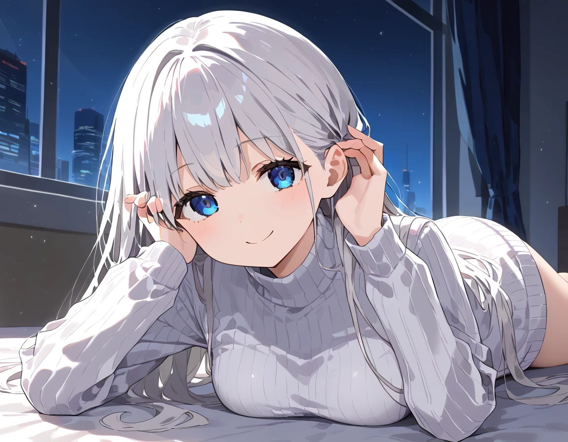 anime style, front view, oval face, Fair skin, Blue eyes blend black, adjusting hair, white hair, long hair, medium chest, white sweater, Slanted eyes, small smile, Lying, future bedroom, Volumetric light, Volumetric particles,