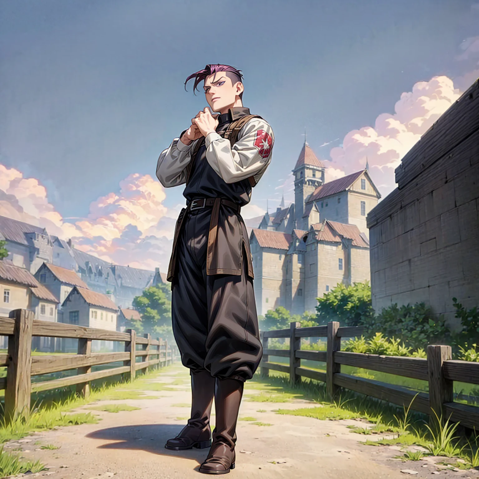 Solo character, full body version, young boy, muscle, purple eyes, black color hair, undercut hair, casual clothing, black pants, boots, belt, outdoor, village, medieval, morning, standing gesture, detailed background, detailed clothing, detailed hair, (food wars style art)