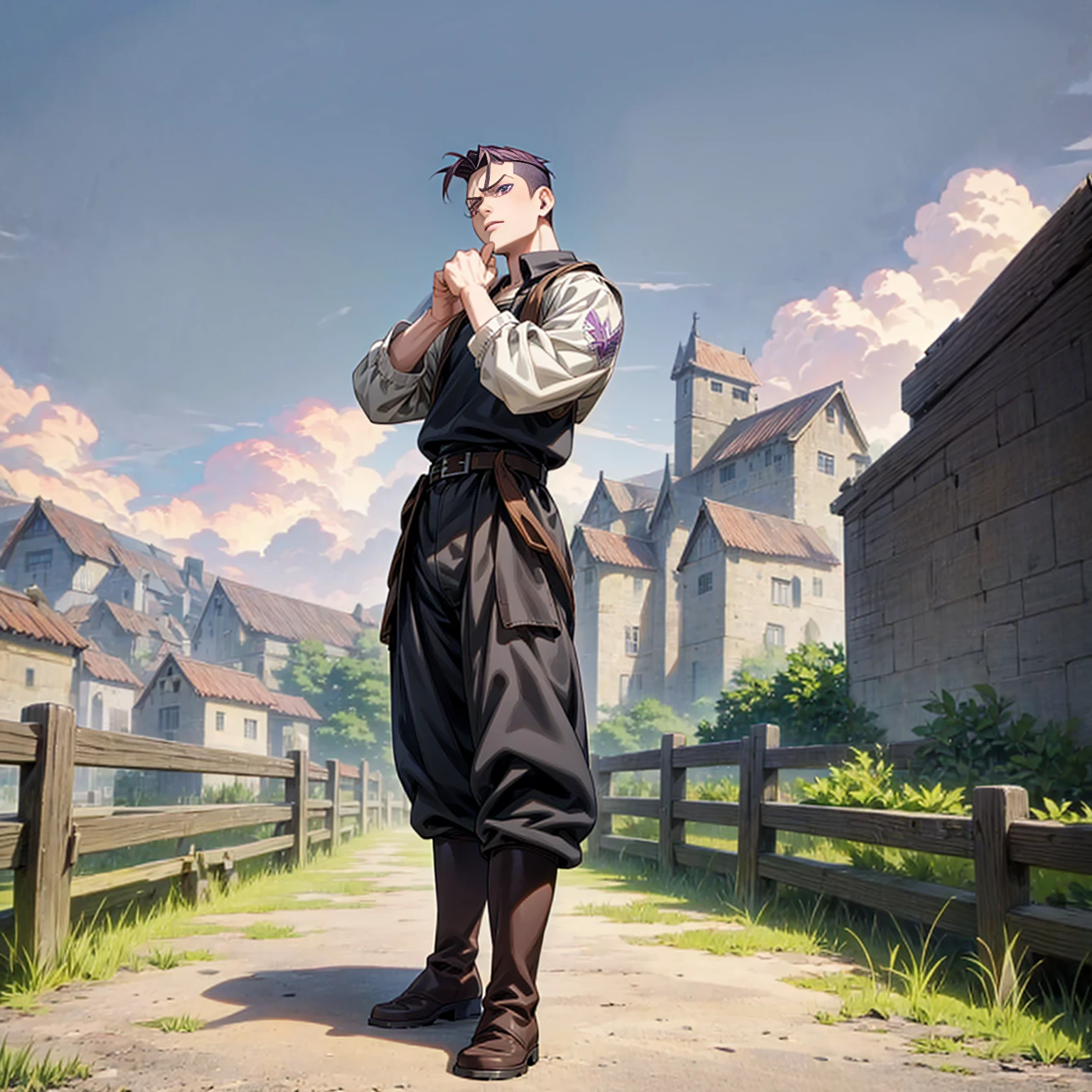 Solo character, full body version, young boy, muscle, purple eyes, black color hair, undercut hair, casual clothing, black pants, boots, belt, outdoor, village, medieval, morning, standing gesture, detailed background, detailed clothing, detailed hair, (food wars style art)