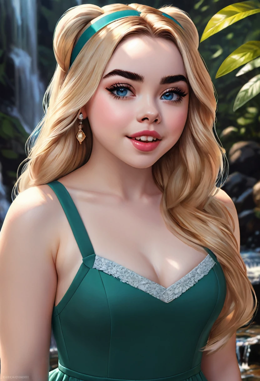 Thirst trap beautiful women that looks like Sabrina Carpenter. green sun dress, clean girl aesthetic. Her hair iblonde super strait and sleek, White hairband. official art is an award-winning digital masterpiece in 4K Ultra HD, featuring extreme detail and intricate realism. It combines the artistry of Wlop and Artgerm in a stunning 2D vector illustration. The background is a tranquil waterfall. bright colorful.
