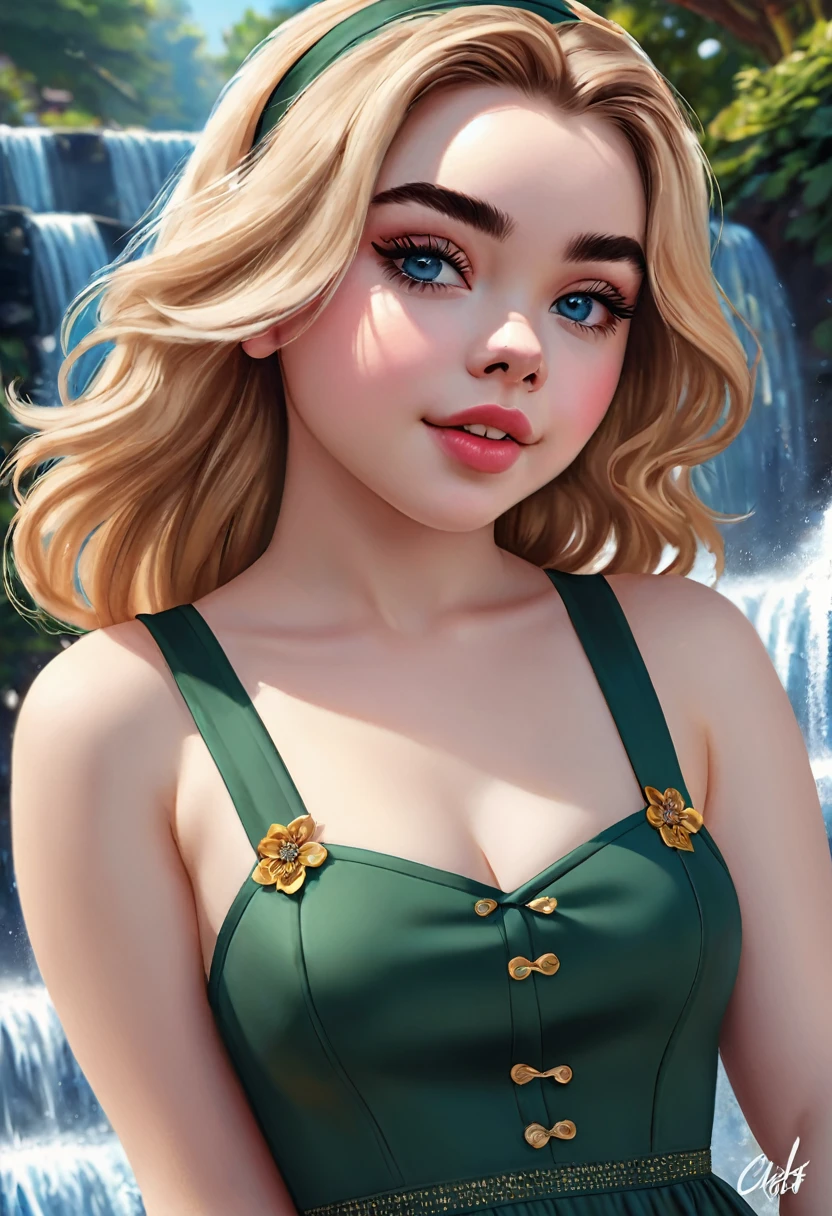 Thirst trap beautiful women that looks like Sabrina Carpenter. green sun dress, clean girl aesthetic. Her hair iblonde super strait and sleek, White hairband. official art is an award-winning digital masterpiece in 4K Ultra HD, featuring extreme detail and intricate realism. It combines the artistry of Wlop and Artgerm in a stunning 2D vector illustration. The background is a tranquil waterfall. bright colorful.
