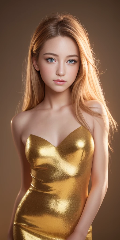 (Realistic:1.4), (masterpiece, Side light, Exquisite beautiful eyes: 1.2), masterpiece*Portraiture, Realistic, 3D Face, Sparkling Eyes, Shiny Hair, Glowing Skin, alone, Embarrassing, (abdomen), SFW, Gold Dress