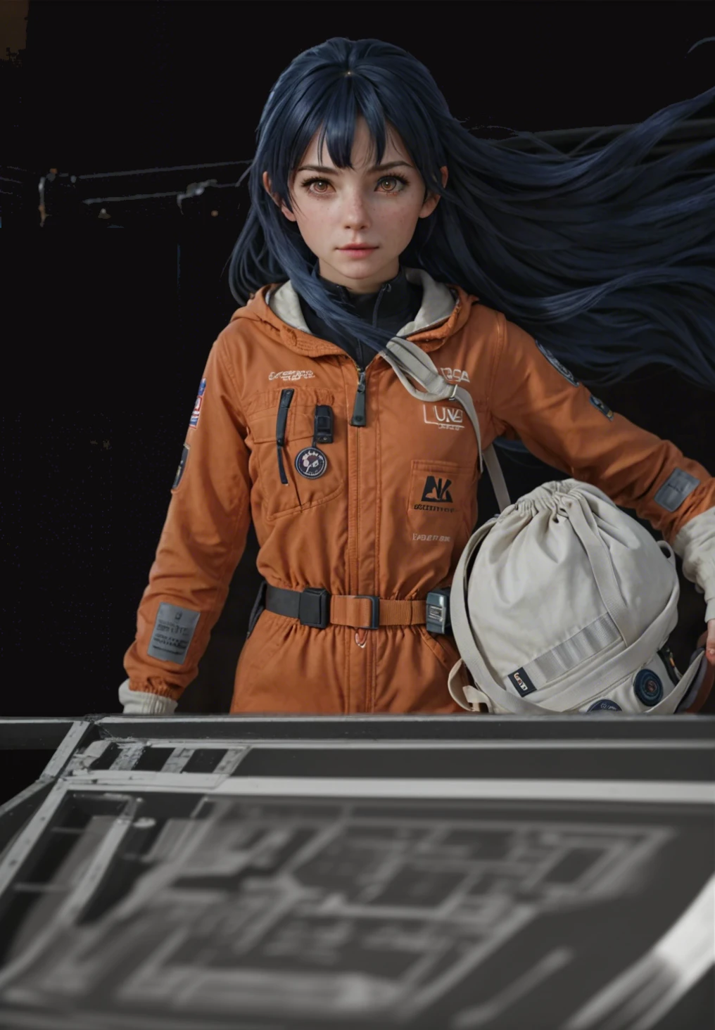 Complete the whole body of the orange Russian female astronaut。