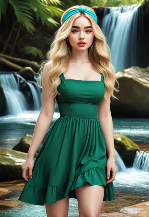 thirst trap beautiful women that looks like sabrina carpenter. green sun dress, clean girl aesthetic. her hair iblonde super str...