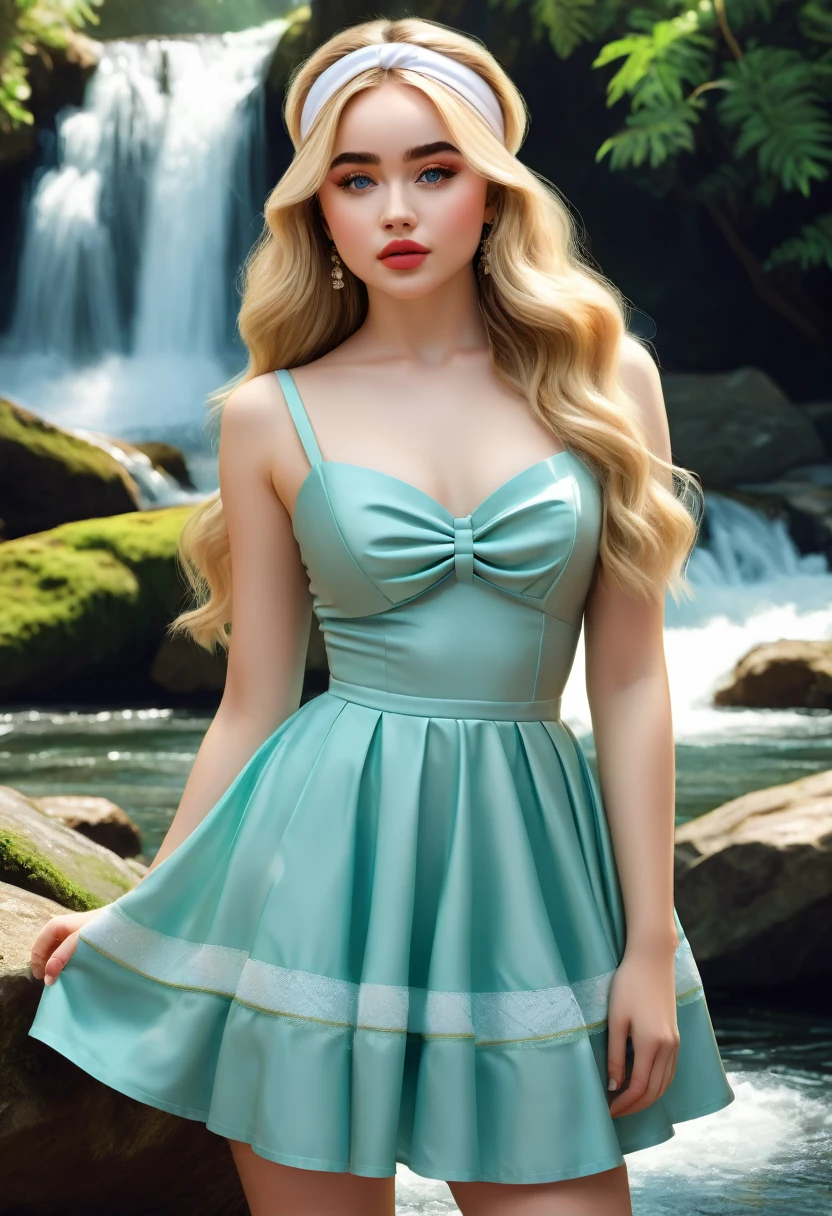 Thirst trap beautiful women that looks like Sabrina Carpenter. green sun dress, clean girl aesthetic. Her hair iblonde super strait and sleek, White hairband. official art is an award-winning digital masterpiece in 4K Ultra HD, featuring extreme detail and intricate realism. It combines the artistry of Wlop and Artgerm in a stunning 2D vector illustration. The background is a tranquil waterfall. bright colorful.
