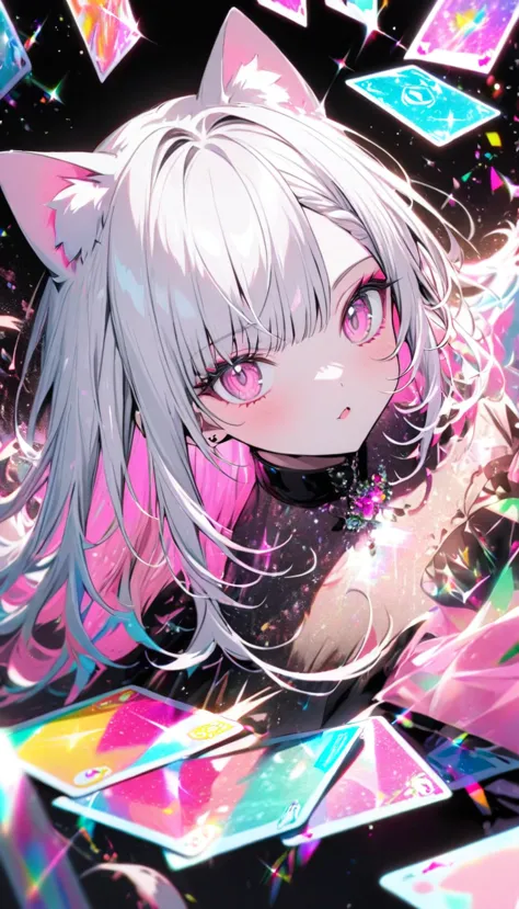 a high-quality hologram card, pretty girl,cat ear, beautiful silver hair,pink inside,beautiful pink eyes,with glitter, and a bla...