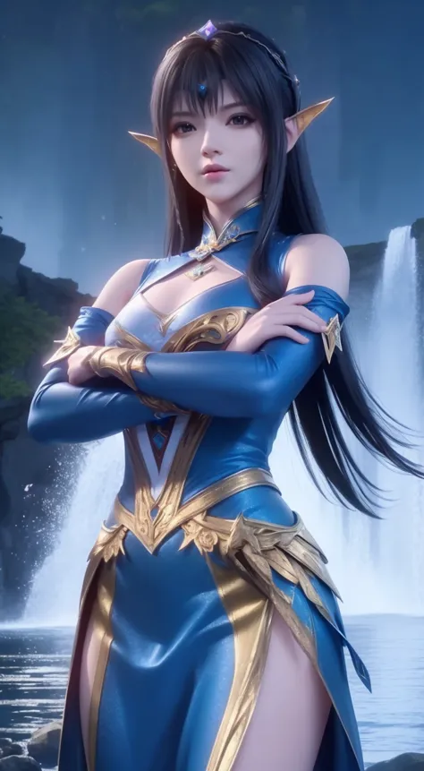 woman in blue and gold costume posing by waterfall, alylia from league of legends, extremely detailed artistic germ, alylia, por...