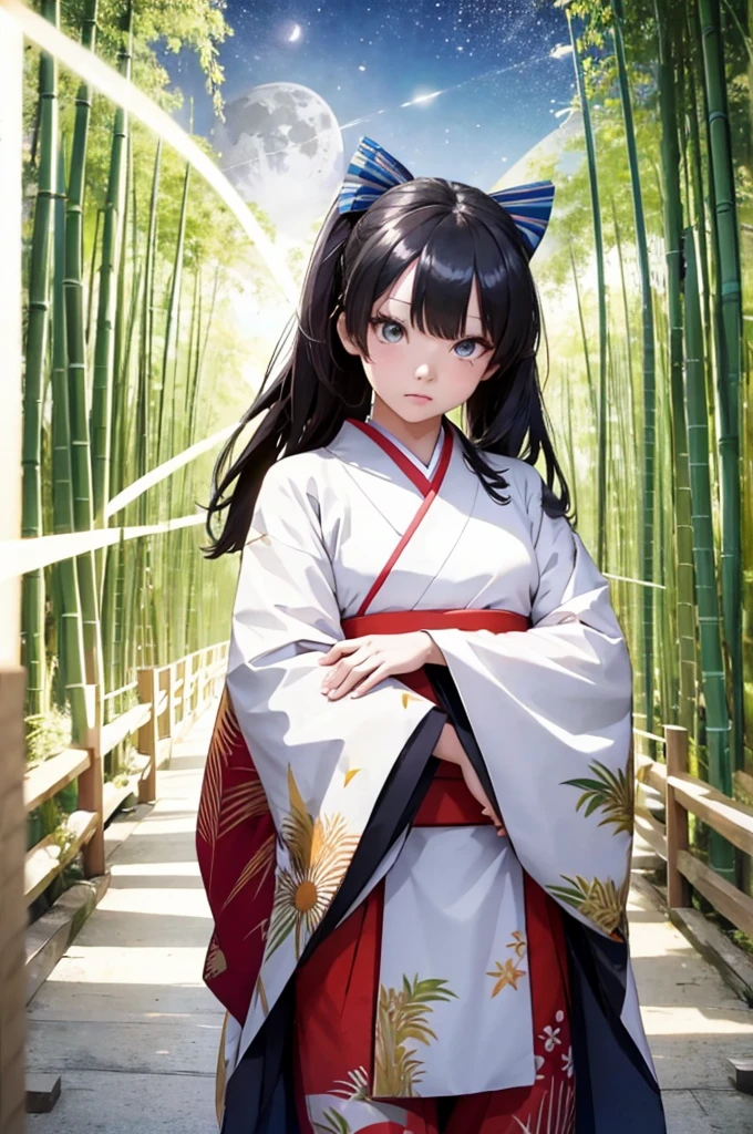 an animated image of an asian girls wearing a kimono and bamboo trees with an astro background, bamboo, 1girl, fujiwara no mokou, solo, long hair, japanese clothes, moon, red pants, blue eyes, full moon, night, bangs, sash, kimono, bamboo forest, wide sleeves, white kimono, long sleeves, sky, white hair, looking at viewer, outdoors, bow, obi, hair bow